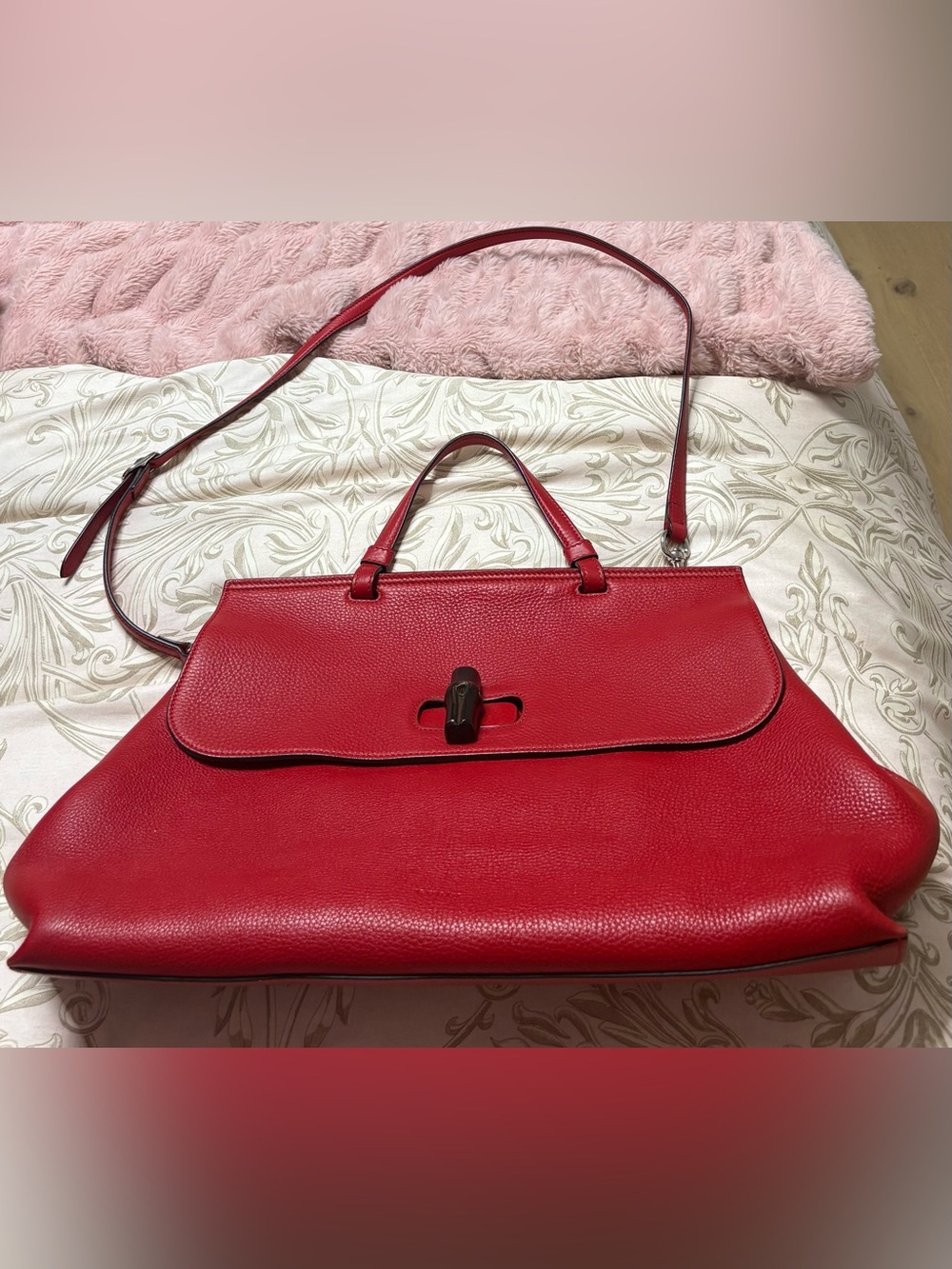 Authentic Gucci Bamboo Daily Top Handle Bag in Red Calfskin Leather